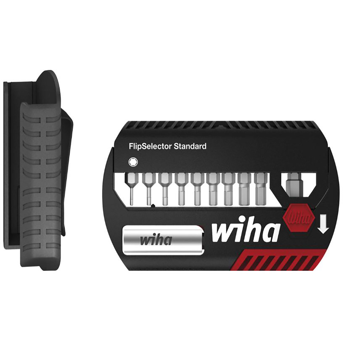 Wiha Bit Set FlipSelector Standard 25 mm Sechskant 11-teiliges Set 1/4 zoll C6,3 mit Gürtelclip