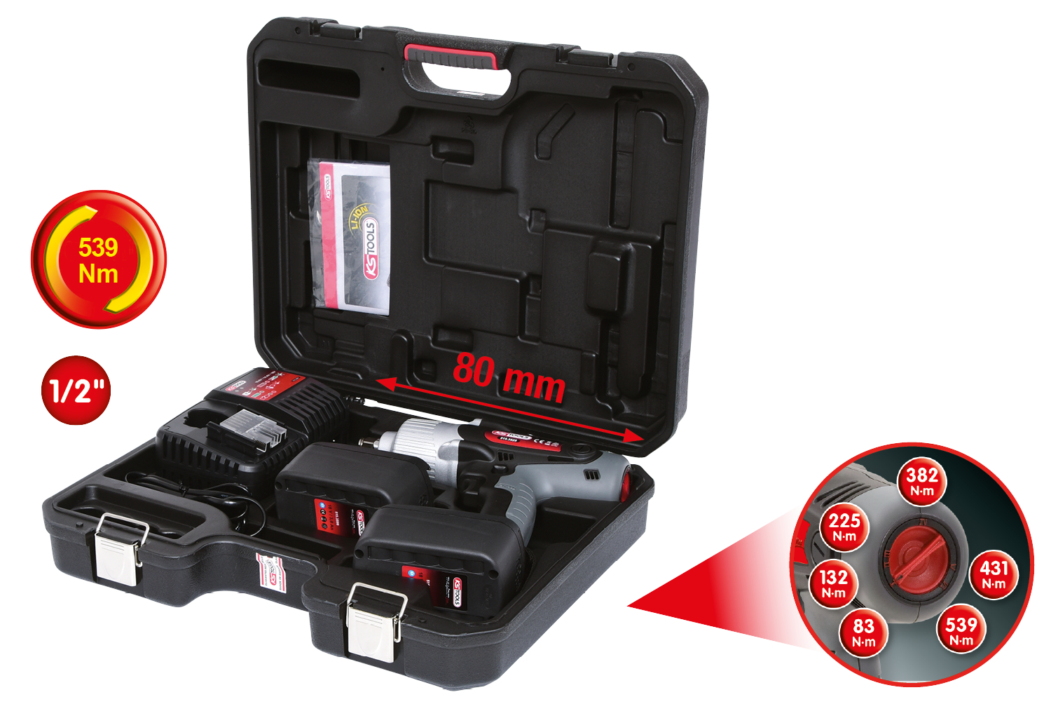 KS Tools 1/2" Akku-Schlag-Schrauber Drehmomentvorwahl,1.800 U-min,mit 1 Akku+1 Ladegerät