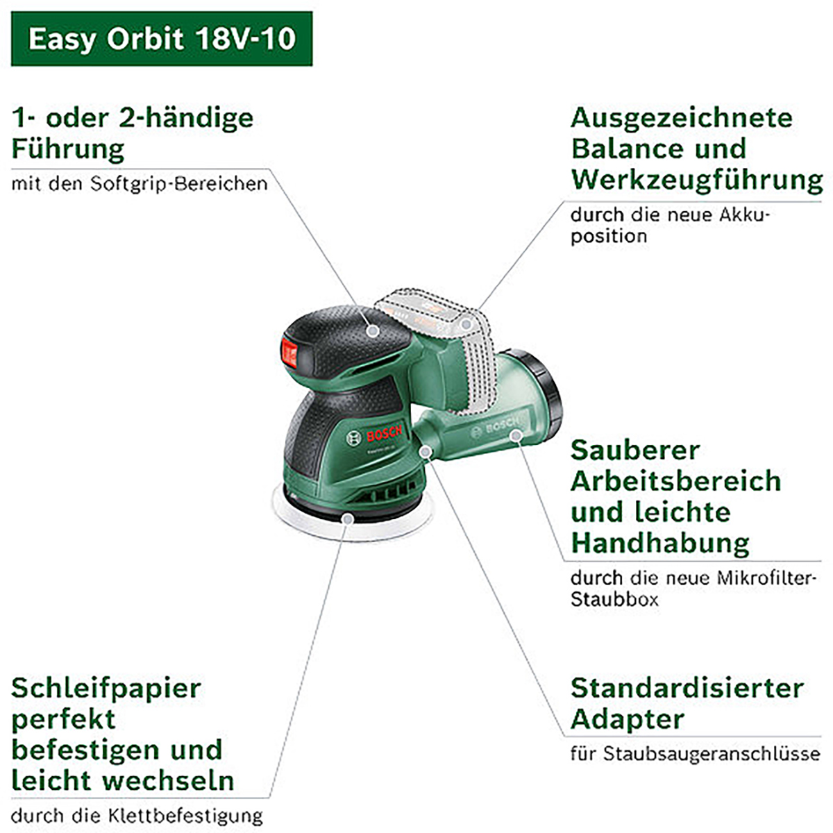 Bosch Akku-Exzenterschleifer EasyOrbit 18V-10, 1 x Akku PBA 18V 2.0Ah