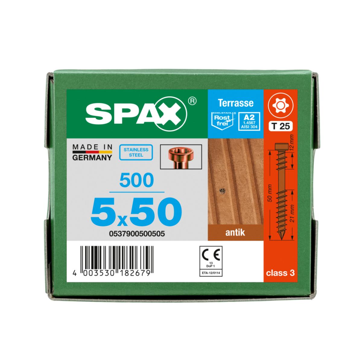 SPAX Terrasse A2 Zylinderkopf T-Star Plus T25 Fixiergewinde Cut antik, 500 Stück