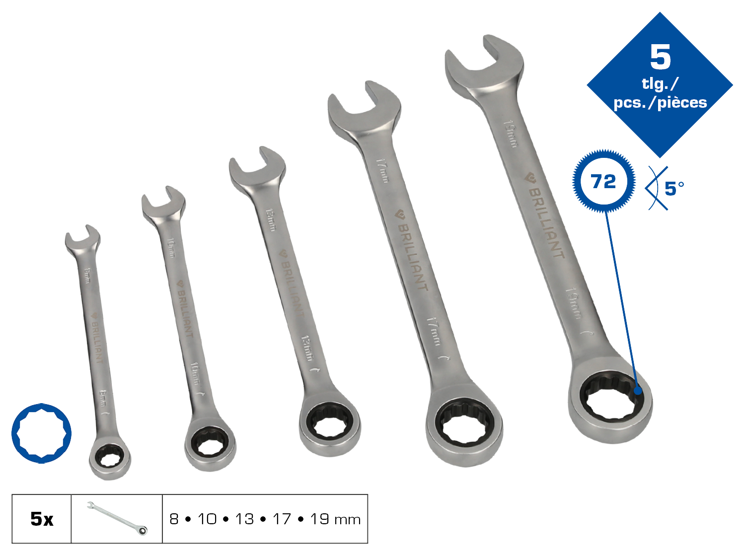 Brilliant Tools Ratschenringschlüssel-Satz, 5-tlg - BT013005