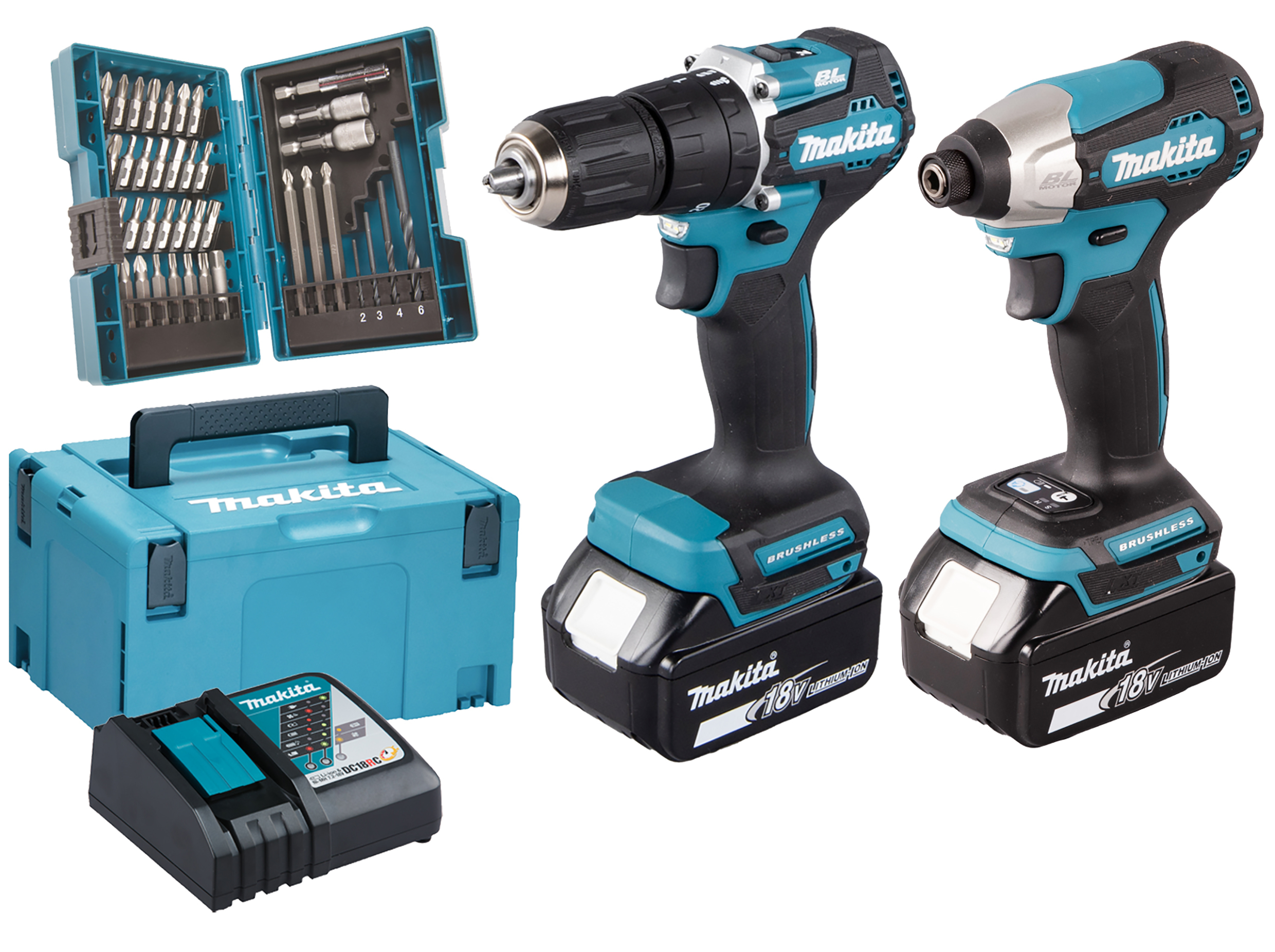Makita Akku-Set 18V (DTD157Z + DHP487Z + DC18RC + 2x BL1830B) im MAKPAC- DLX2414JX4