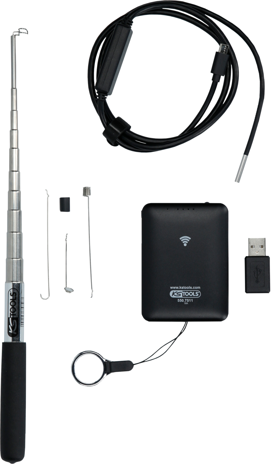 KS Tools Wi-Fi-Videoskop-Satz mit Ø 3,9 mm 0° HD Frontkamera-Sonde, 7-tlg