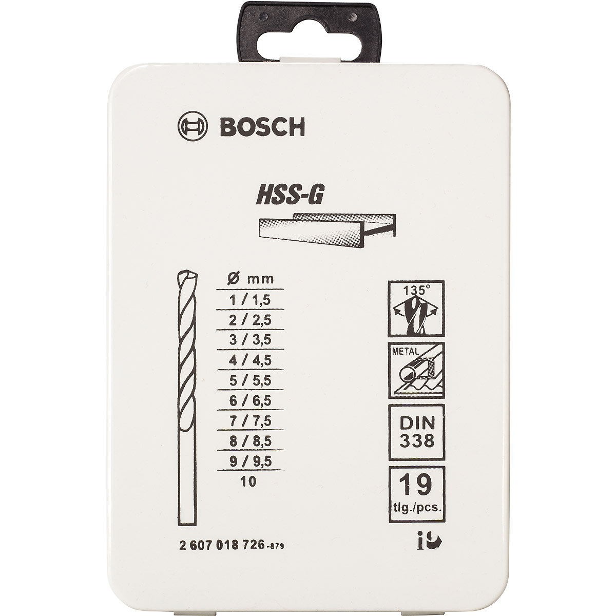 Bosch Metallbohrer-Set HSS-G, DIN 338, 135°, 19-teilig, 1 - 10 mm, Metallkassette