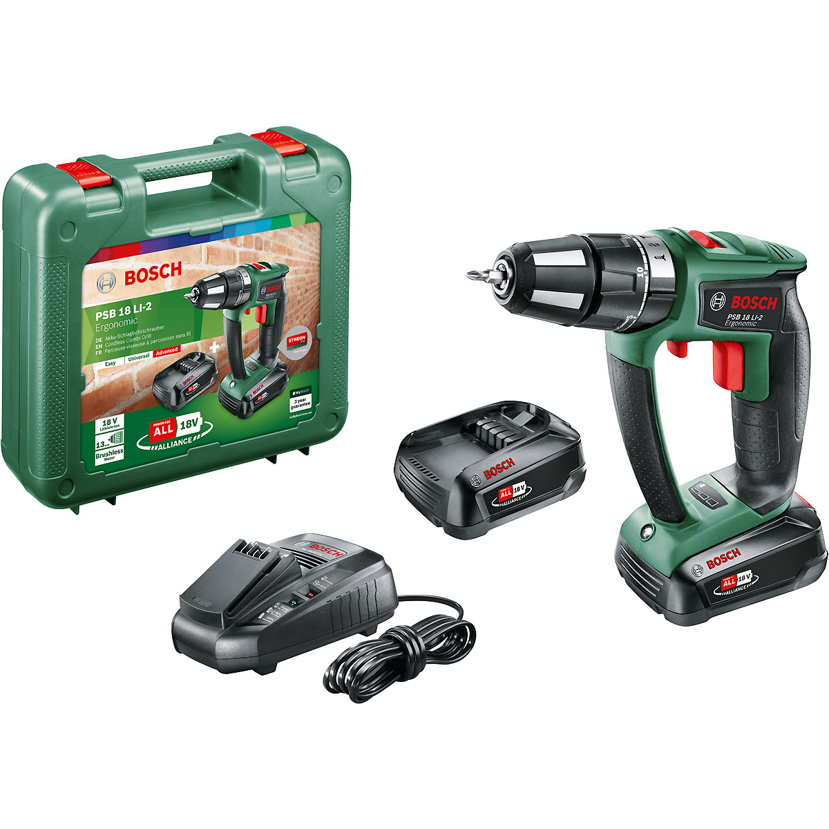 Bosch Akku-Zweigang-Schlagbohrschrauber PSB 18 LI-2 Ergonomic, mit 2 x PBA 18V 2.5 Ah
