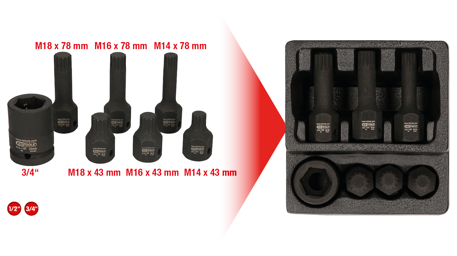 KS Tools 1/2" Spezial-Kraft-Bit-Stecknuss-Satz Vielzahn, 7-tlg M14-M18