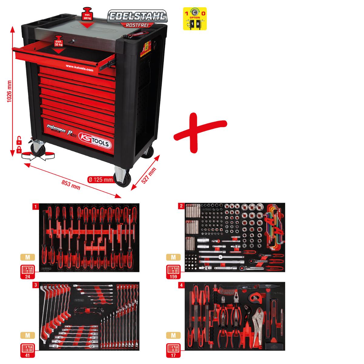 KS Tools Performanceplus Werkstattwagen-Satz P10 mit 241 Werkzeugen für 4 Schubladen