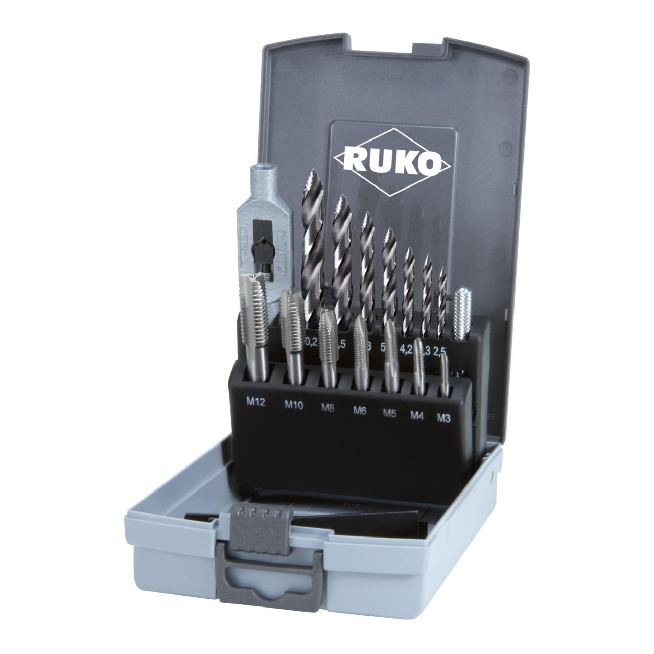 RUKO Einschnittgewindebohrer HSS + ULTIMATECUT Spiralbohrer DIN 338 HSS Typ FLOWSTEP® Spitze - 15-tlg.
