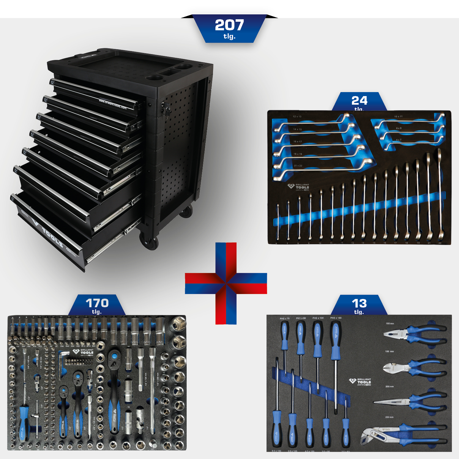 Brilliant Tools Werkstattwagen mit 7 Schubladen und 207 Premium-Werkzeugen - BT153207