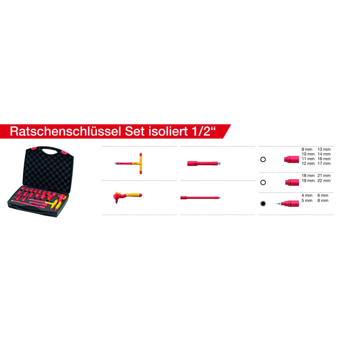 Wiha Umschaltknarren Set electric 1/2 zoll 20-teiliges Set mit Druckknopf und Kugelsicherung mit Tasche