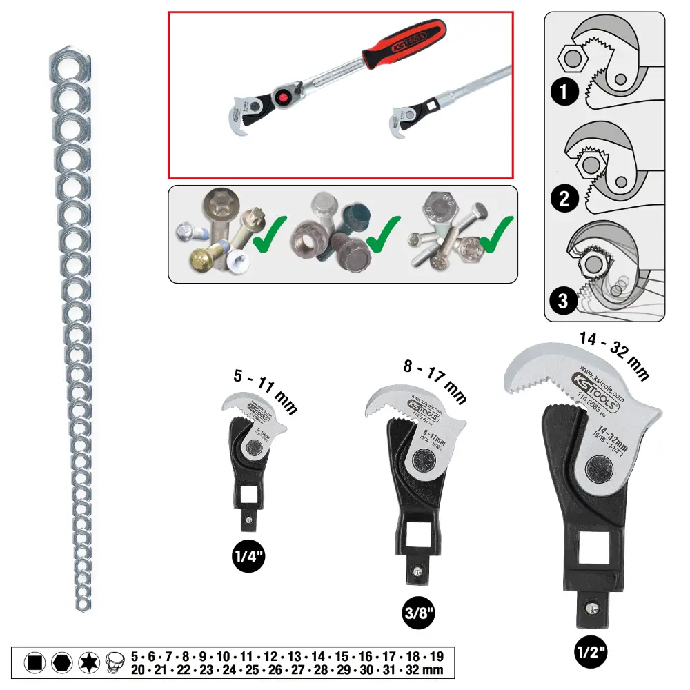 KS TOOLS 1/4" + 3/8" + 1/2" Multifunktions-Schlüssel-Satz, 3-tlg