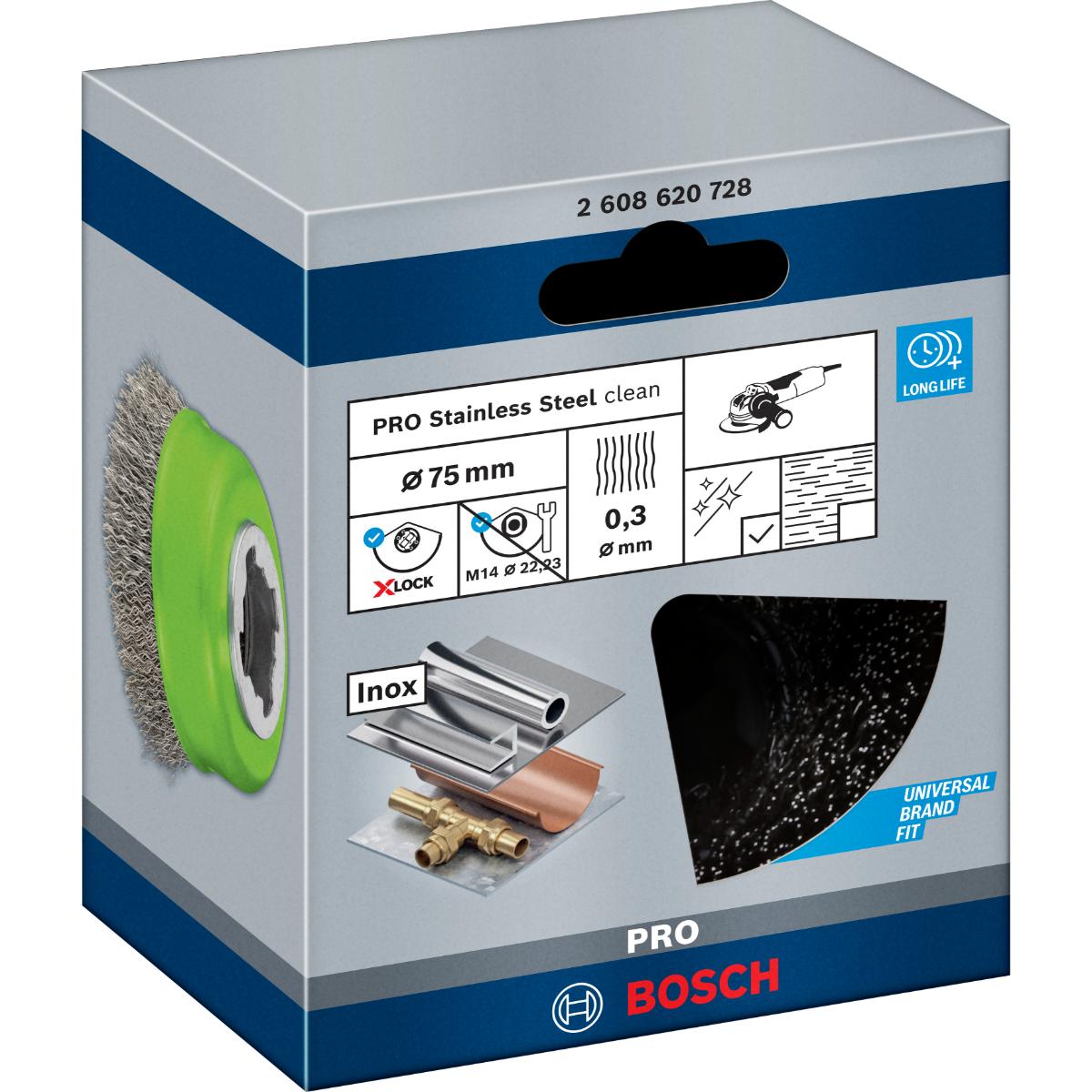 Bosch PRO Topfbürste X-LOCK Clean for Inox, 75 mm, gewellter rostfreier Stahldraht