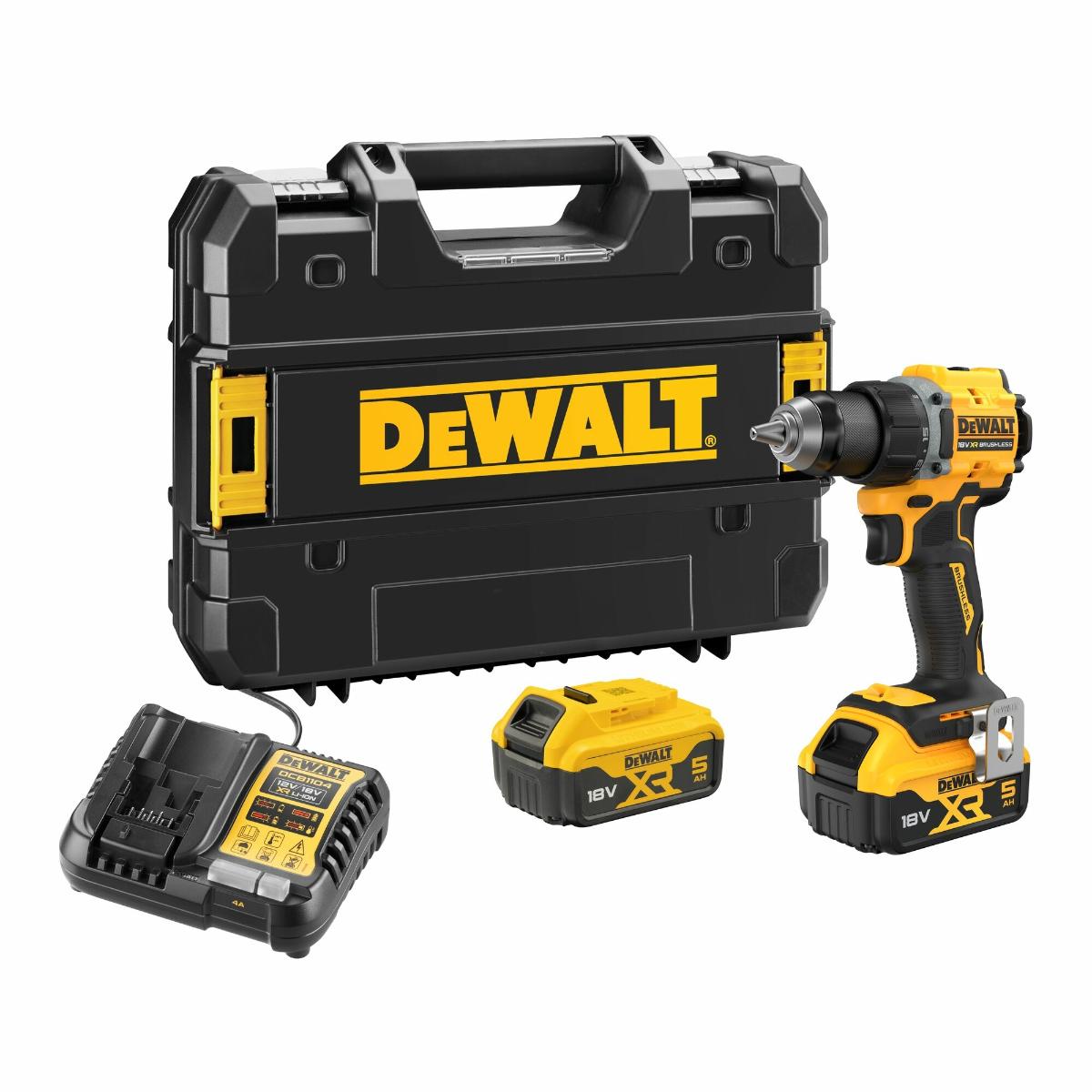 DEWALT 18V Akku-Bohrschrauber bürstenlos mit 2 x Akkus (18 Volt / 5 Ah) und System-Schnellladegerät