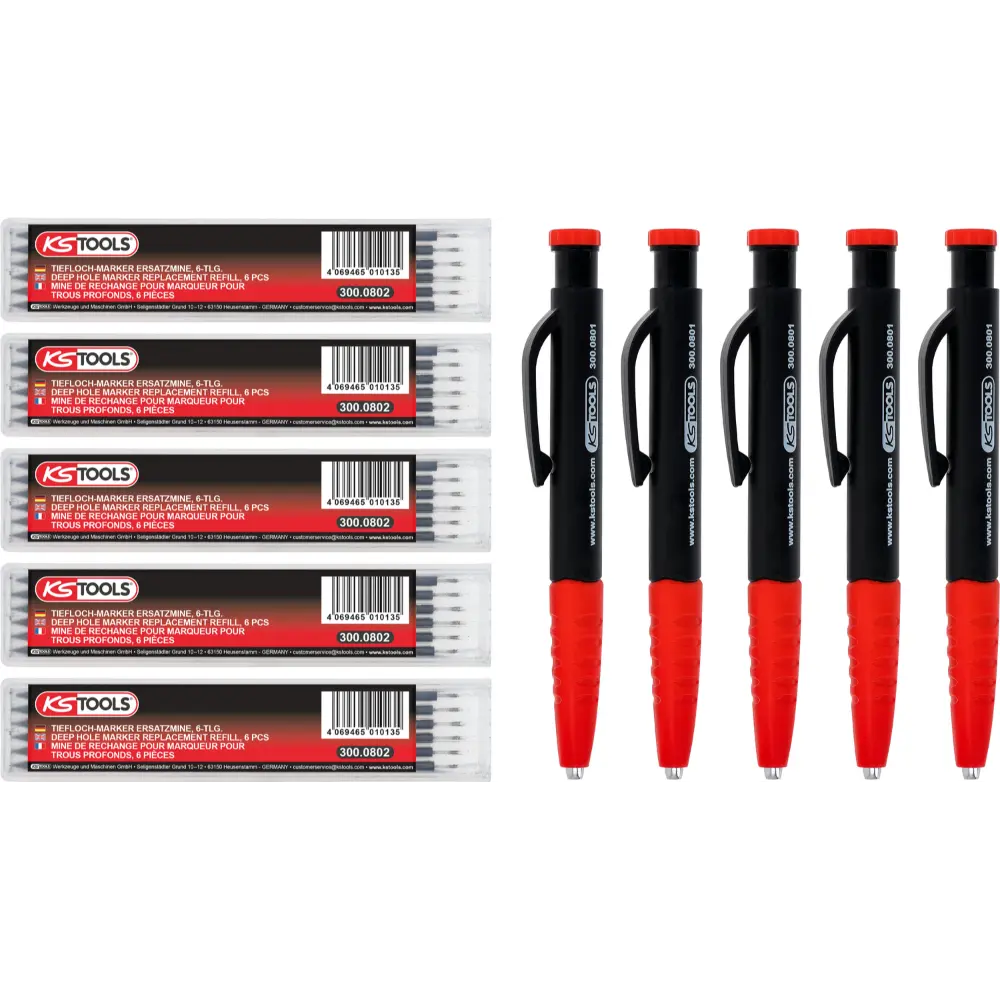 KS TOOLS 2in1 Druckbleistift und Tieflochmarker-Satz, 8-tlg, 5er Pack