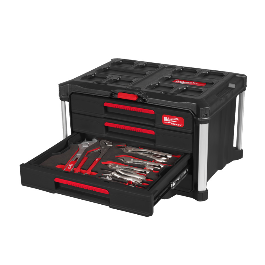 Milwaukee PACKOUT Koffer mit Schubladen bestückt - Set Schraubendreher, Zangen und Hammer Set 76-teilig