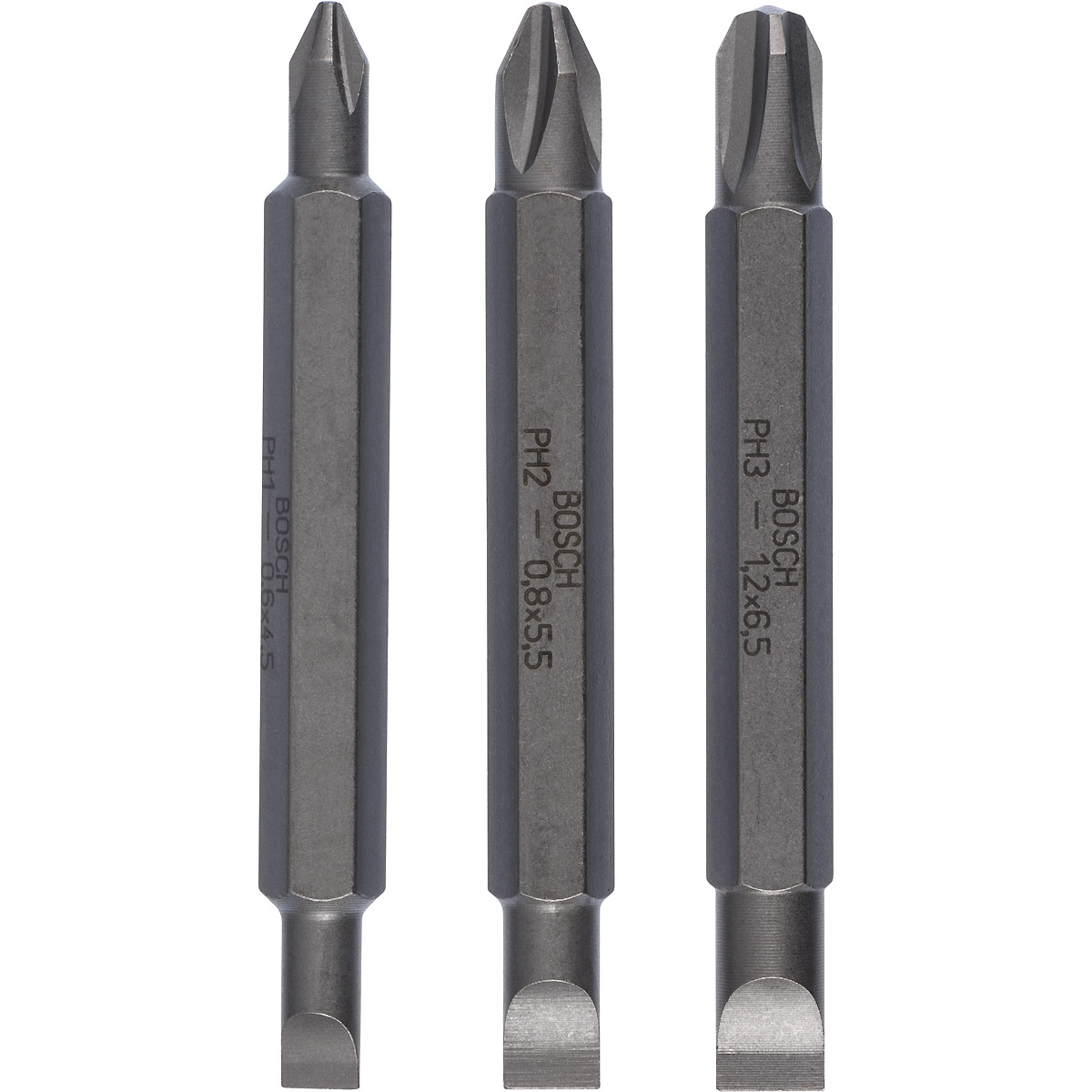 Bosch Doppelklingenbit-Set, 3-teilig, S 0,6x4,5, S 0,8x5,5, S 1,2x6,5, PH1, PH2, PH3, 60 mm