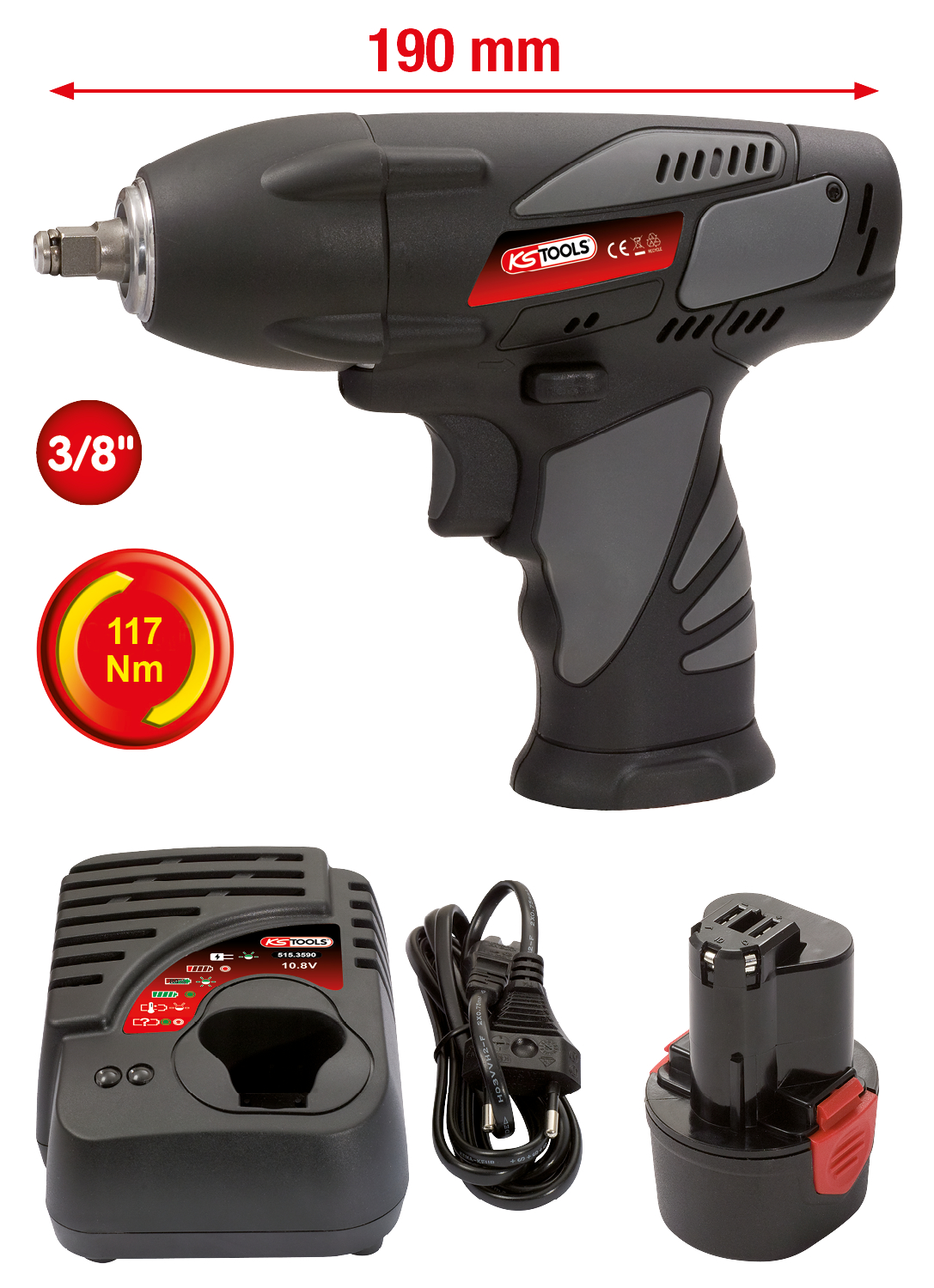 KS Tools 3-8'' Akku-Schlag-Schrauber, 117Nm, 1.870 U-min, mit 1 Akku und 1 Ladegerät