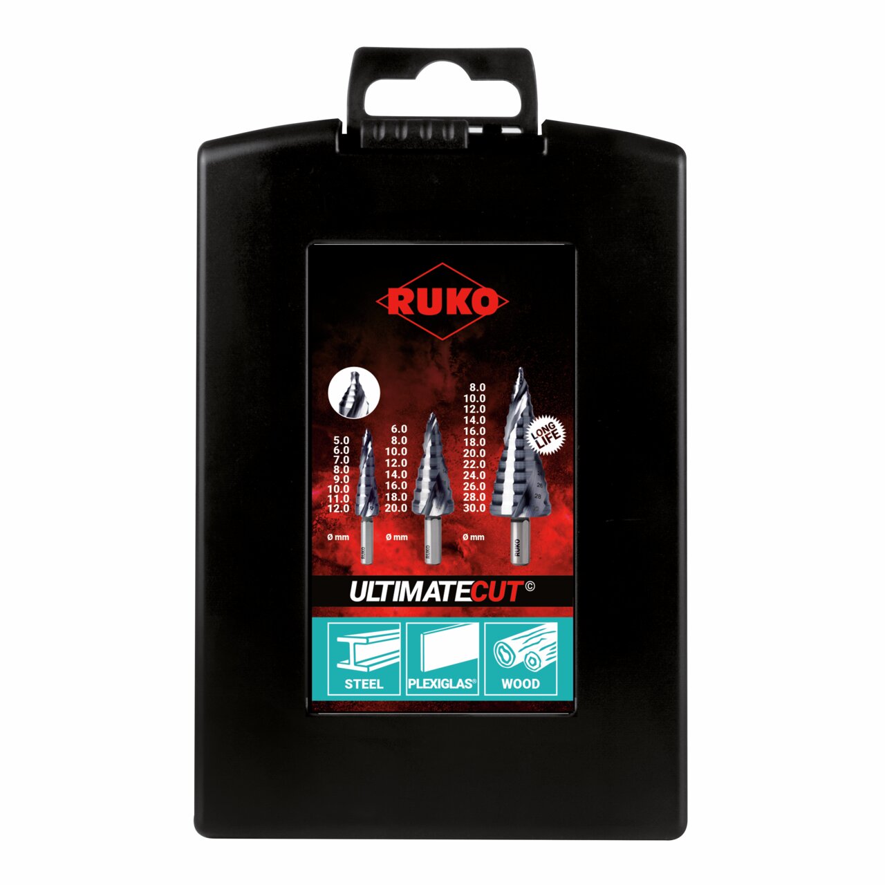 RUKO ULTIMATECUT Stufenbohrer-Satz HSS-Co 5 RUnaTEC mit FLOWSTEP® Spitze - 3-tlg.