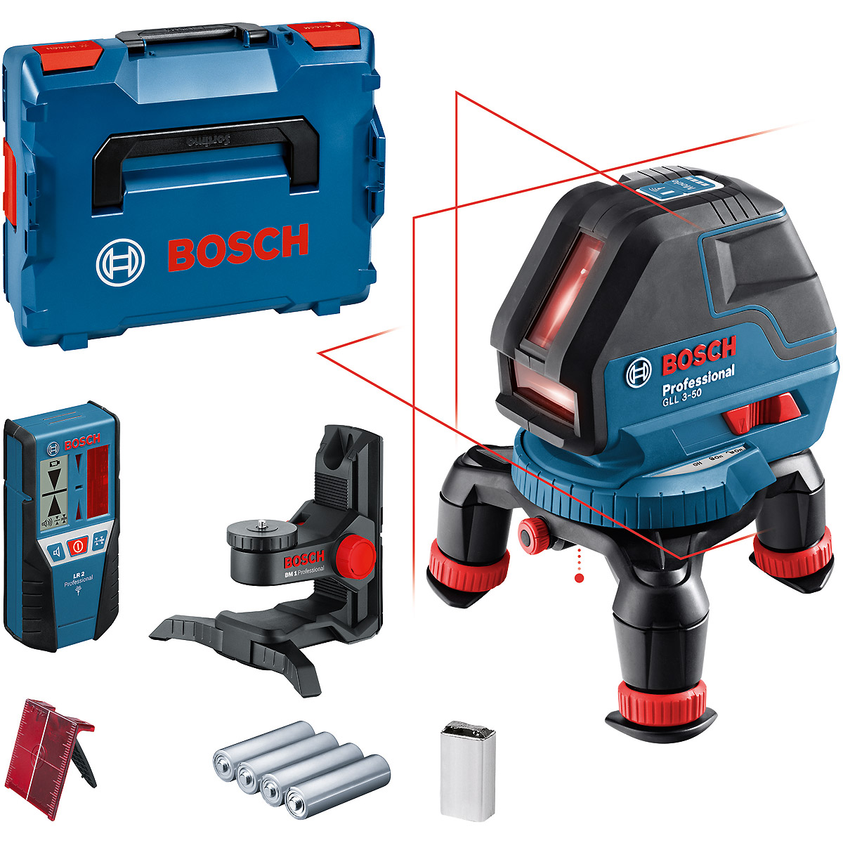 Bosch Linienlaser GLL 3-50, mit Laser-Empfänger LR2, Universalhalterung BM1, L-BOXX