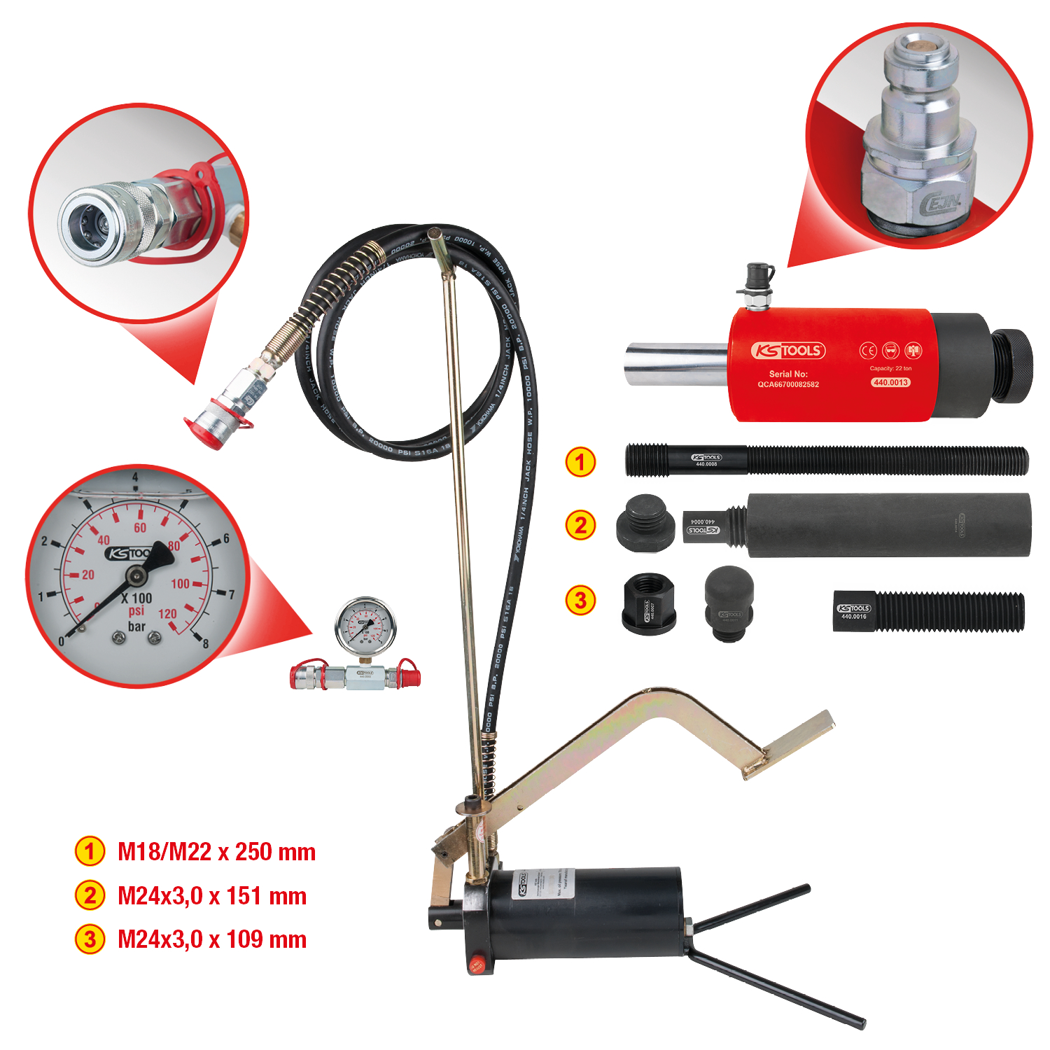 KS Tools Hydraulik-Einheit 22t, mit Hydraulik-Pumpe und Manometer, 15-tlg