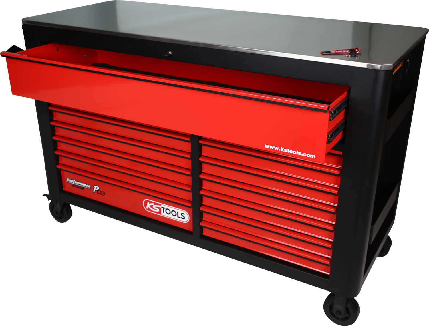 KS Tools PERFORMANCEplus P45 SCHWARZ-ROT Werkstattwagen mit 14 Schubladen
