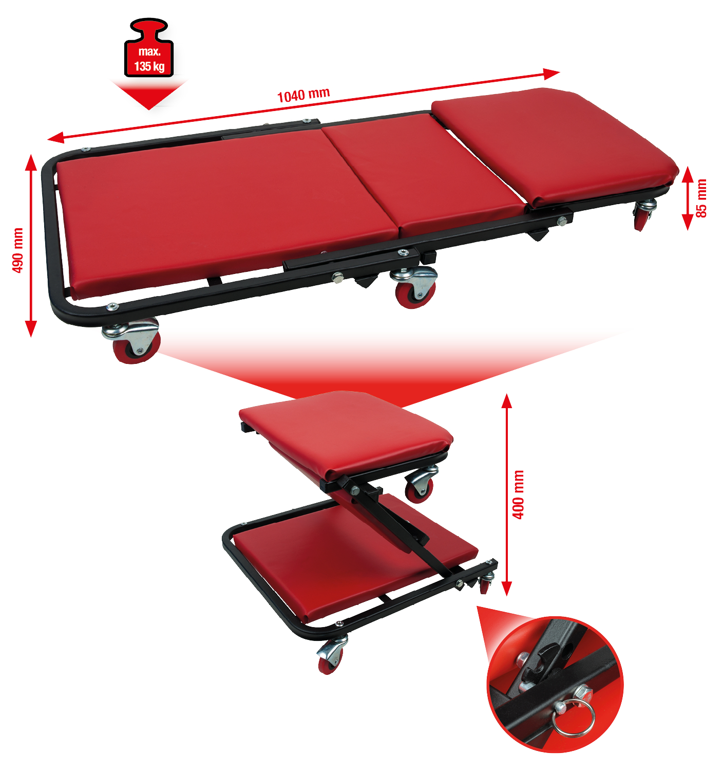 KS Tools Fahrbare Liege und Klappsitz, 1040x490mm