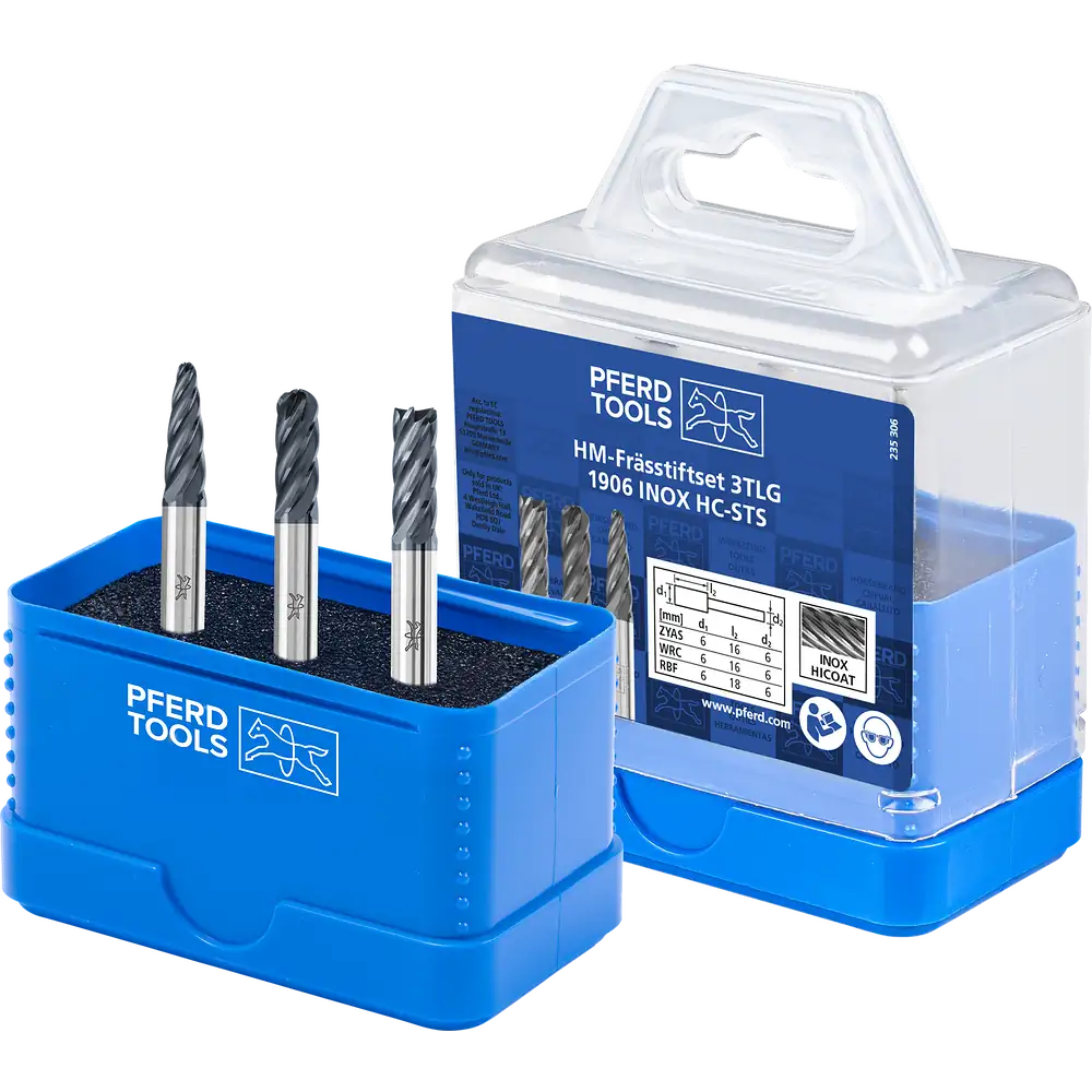 PFERD TOOLS Hartmetall Hochleistungsfrässtift Set 1906 INOX 3-tlg Ø 6mm Schaft-Ø 6mm HICOAT beschichtet beschichtet für Edelstahl