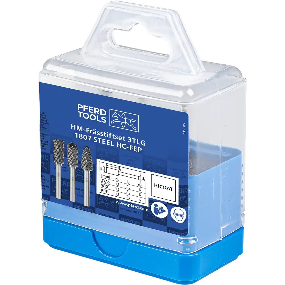 PFERD TOOLS Hartmetall Hochleistungsfrässtift Set 1807 STEEL 3-tlg Ø 12mm Schaft-Ø 6mm HICOAT beschichtet beschichtet für für Stahl